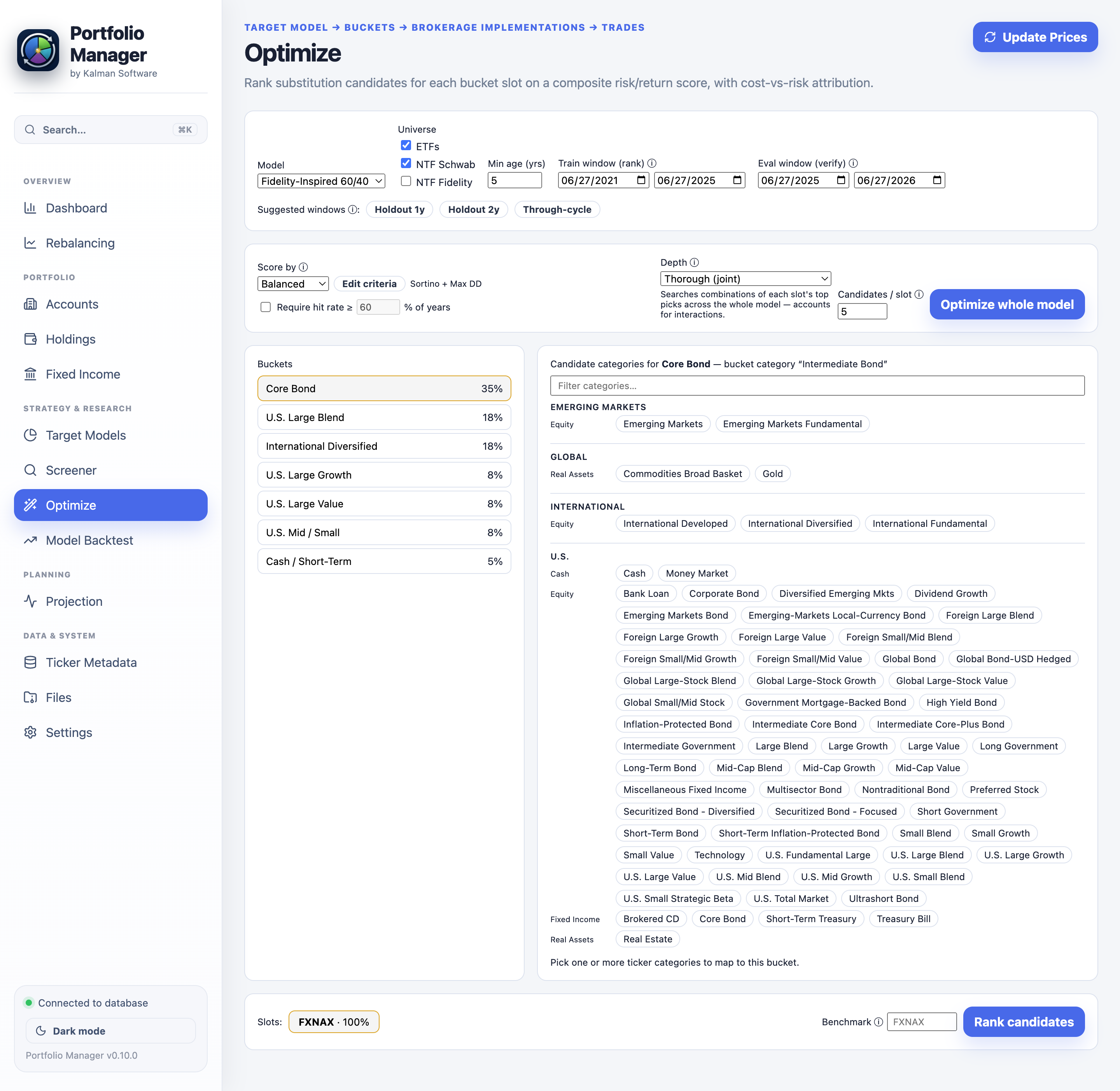 Optimize page: the bucket list with per-bucket candidate-category mapping, composite scoring and depth, and Optimize-whole-model and Rank-candidates actions